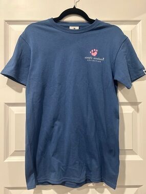 NWT Simply Southern Dusty Blue Tee with Pink Paw Chest Logo